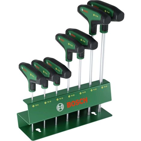 Jeu de tournevis Torx à manche T Bosch 7 pièces TX9–TX40 avec porte-rail métallique vert (1/2)