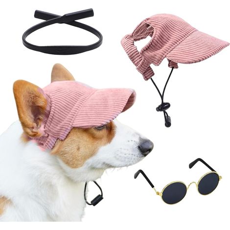 1 Ensemble Casquette et Lunettes pour Chien, Velours Côtelé Rose, Sangle Silicone Réglable, Protection Solaire, Petit et Moyen Chien