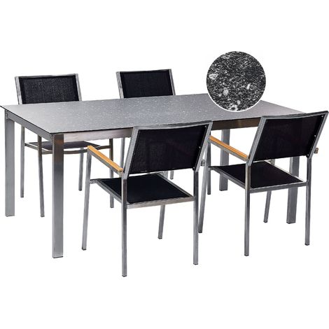 Set da giardino con 4 posti in acciaio inox con tavolo piano con effetto granito e sedie in rattan nero Cosoleto/Grosseto