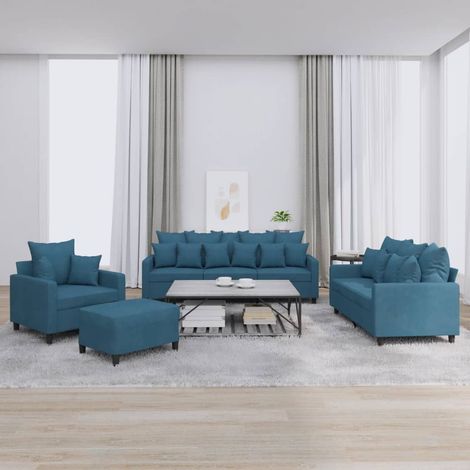 4-tlg. Sofagarnitur mit Kissen Blau Samt (1/5)