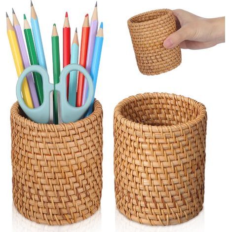 Lot de 2 Pots à Crayons en Rotin Naturel Fait à la Main, Porte-Crayon En Osier Rotin Style Bohème, Porte-Stylo Tressé pour Maison et École, Rangement Pinceaux de Maquillage, Ø 7,5 x 10 cm (1/5)