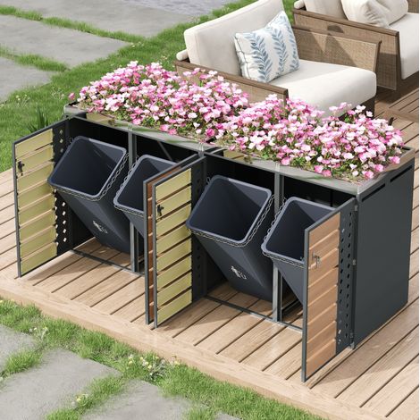 Coffre pour poubelles 4 compartiments avec bac à plantes, 132 x 80 x 124,5 cm DESVIAE (1/5)