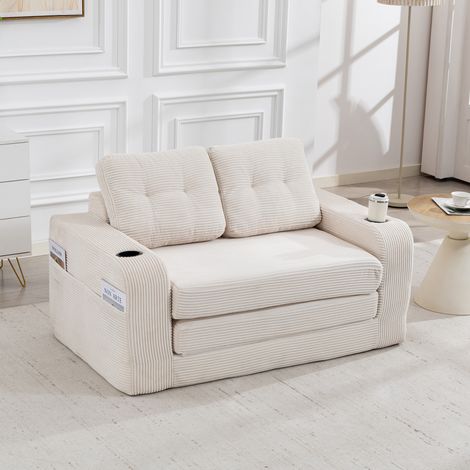 Canapé convertible en velours côtelé canapé relax 2 places 136 cm avec porte-gobelets et poches, beige (1/5)