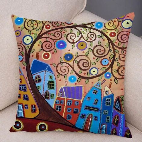 Taies d'oreiller en coton et lin, décoration intérieure, chambre, style campagne rétro, coussins de canapé urbains colorés, taies d'oreiller motif voiture et maison de dessin animé (1/5)