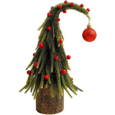 Mini-Weihnachtsbaumschmuck mit gebogenem Hals – grüne Tisch-Weihnachtsbaumdekoration mit Beeren und Kugel – Topf-Weihnachtsbaumdekoration für Zuhause oder Büro (30 cm) (1/5)