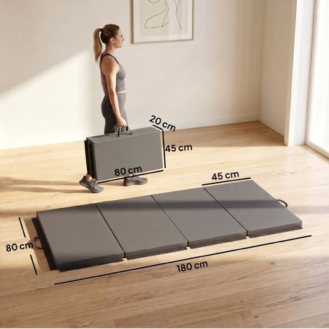 Tapis de gym pliable 180 x 80 x 5 cm gris avec poignées (1/5)