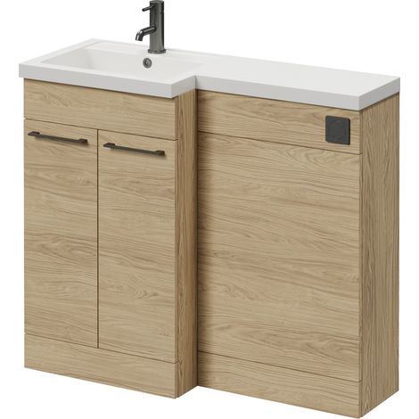 Napoli 390 Light Oak 1000mm 2 Door Vanity Unit Toilet Suite with Left Hand Square Lucia Basin - 1000mm - Gunmetal Grey 160mm HandleWithout Kingston Toilet Pan