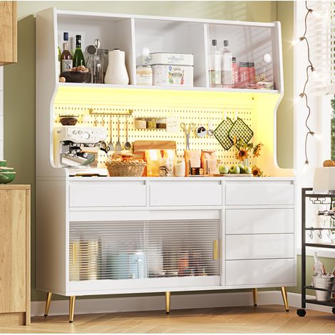REDOM - Buffet haut 145x39x171 cm, portes coulissantes, éclairage LED, verre rainuré, MDF, verre et métal blanc (1/5)