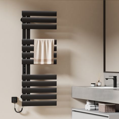 EMKE Elektrischer Handtuchheizkörper 130x50cm 440W Badheizkörper Handtuchtrockner mit LCD-Display Touchscreen WiFi/TUYA-App, Sprachsteuerung Alexa/Google Flachrohr Schwarz (1/5)