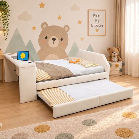 Kinder-Ausziehbett 140x200 cm aus beigem Samt mit USB-Schreibtisch, ohne Matratze – MEUBLIV (1/5)