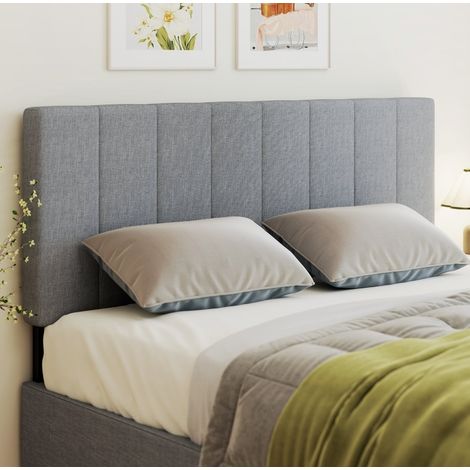 Cabecero de cama 160 cm con 3 alturas regulables en tejido efecto lino, patas metálicas, gris HAVRYA (1/4)
