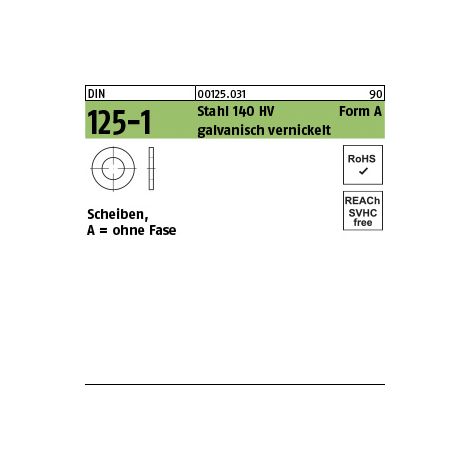 Unterlegscheibe DIN 125-1 Form A 4,3 x 9 x0,8Stahl 140 HV galvanisch vernickelt 1000 Stück