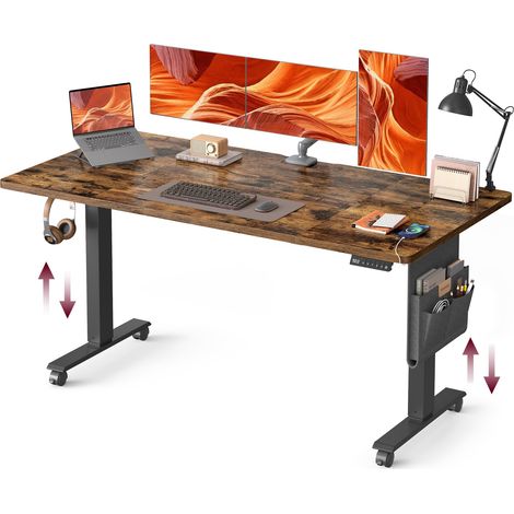 Bureau Assis-Debout, Bureau Électrique Réglable en Hauteur, 70 x 160 x (72-120) cm, Réglage en Continu, Fonction Mémoire 4 Hauteurs, Marron Rustique (1/5)