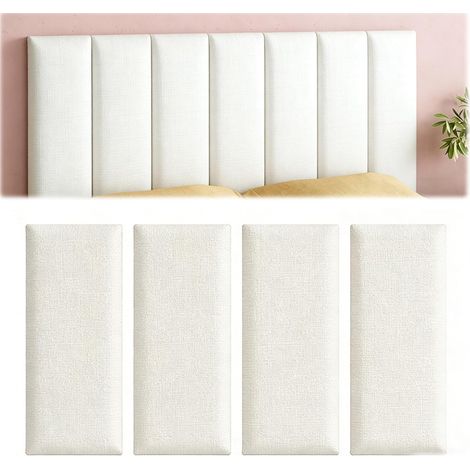 Lot de 4 panneaux muraux rembourrés - 40 x 20 cm - Panneaux muraux décoratifs - Décoration murale pour chambre à coucher, chambre d'enfant, bureau, couloir - Blanc (1/5)