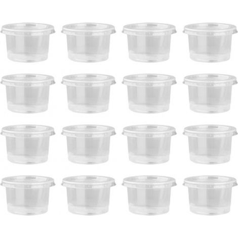 100 Einwegbecher aus durchsichtigem Kunststoff für Soßen und Chutneys mit Deckel, tragbare Becher (30 ml) (1/5)