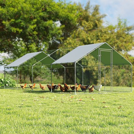Großer Hühnerstall für den Außenbereich aus verzinktem Stahl, 6,8 x 3 x 1,9 m (20,4 m²), mit Oxford-Gewebeabdeckung und Schloss, silberfarben