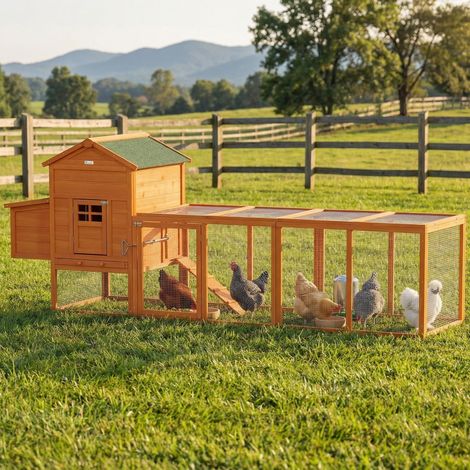 Grand Poulailler Poules Nid Toit Asphalte Plateau Amovible Animaux Compagnie Bois Naturel 297,5x68x118cm