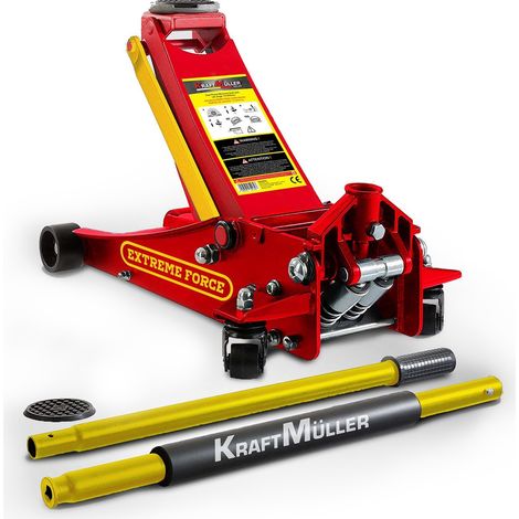 Cric hydraulique Kraft Müller PRO K497, Haut. de levage 49,5cm, Levée rapide grâce au système à double-pompe,Rouge/Jaune