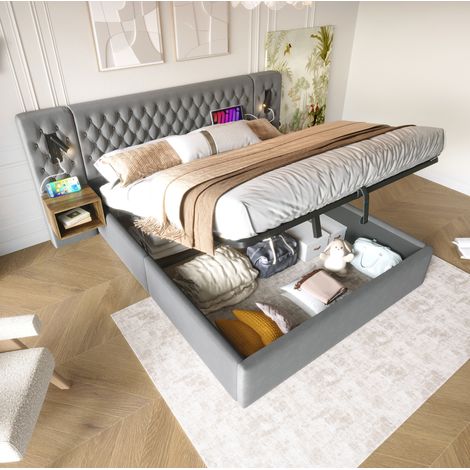 lit coffre 160x200 avec chevets USB velours gris HAVRYA (1/5)