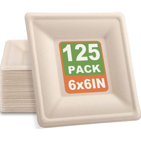 Lot de 125 assiettes en carton, 15 x 15 cm, assiettes carrées, idéales pour les fêtes, les pique-niques et le camping (marron naturel). (1/5)