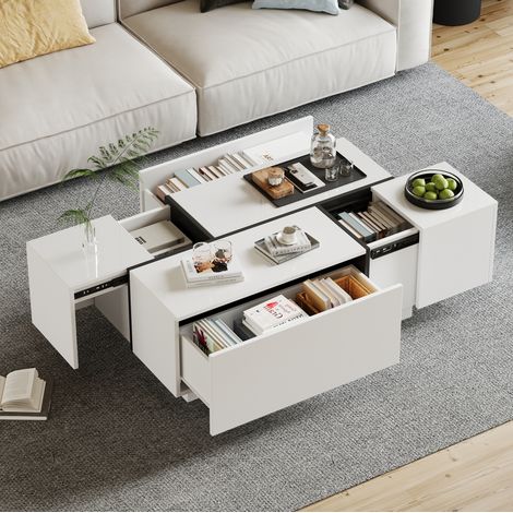 Tavolino da caffè in truciolare bianco e nero 100 cm con 4 cassetti e piano lucido (1/5)