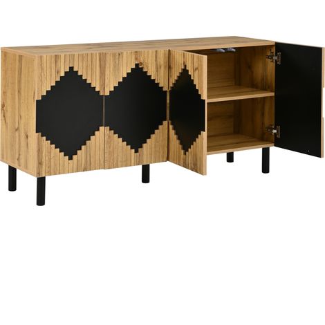Meuble de rangement avec 4 portes en MDF et panneaux de particules, motif losanges en relief, 140x40x70 cm, bois et noir (1/5)