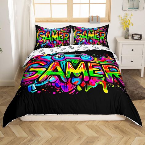 Parure de lit pour enfant - 135 x 200 cm - Housse de couette et 1 taie d'oreiller - Douce - Avec housse de couette 135 x 200 cm et 1 taie d'oreiller - Motif graffti, gamer, hippie (1/5)