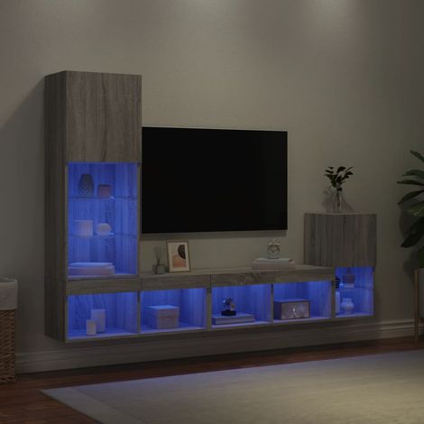 Muebles TV pared con LED 4 pzas madera ingeniería gris Sonoma vidaXL (1/5)