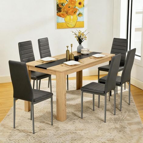 Essgruppe 1 Tisch 6 Stühle Rechteckig MDF Kunstleder Braun Grau (1/5)