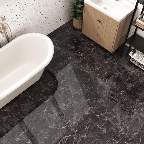Revêtement de sol PVC adhésif noir clair parquet stratifié encastré effet marbre carrelage adhésif sol salle de bains imperméable revêtement sol balcon carrelage cuisine 4 pièces, 30 x 30 cm (1/5)