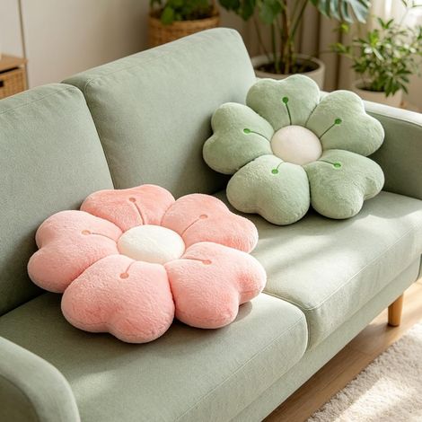 2 Pièces Coussin Fleur 35 x 35cm, Coussin de siège en Forme de Fleur, Coussin de Sol Forme de Fleur, pour Chambre, Bureau, Salon, Canapé, Balcon, Décoration, Vert et Rose (1/5)