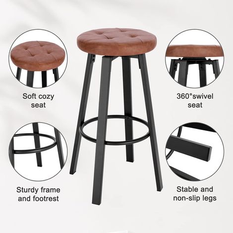 WOLTU 1x Taburete Bar con Asiento Giratorio de Φ35.5 cm Taburete Tapizado con Piel Sintetica Taburete para Cocinas con Reposapiés 120 kg de Carga Marrone