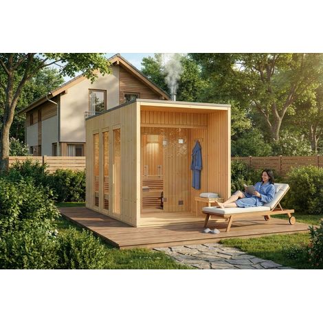 FinnTherm Saunahaus Tim Gartensauna 3 Sitzbänke aus Holz, Sauna mit 72 mm Wandstärke, Außensauna mit Montagematerial