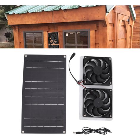 Conjunto de ventiladores solares con dos ventiladores de 100 W, resistentes al agua con clasificación IP67, de bajo consumo energético y de uso versátil para el hogar y las mascotas. (1/5)