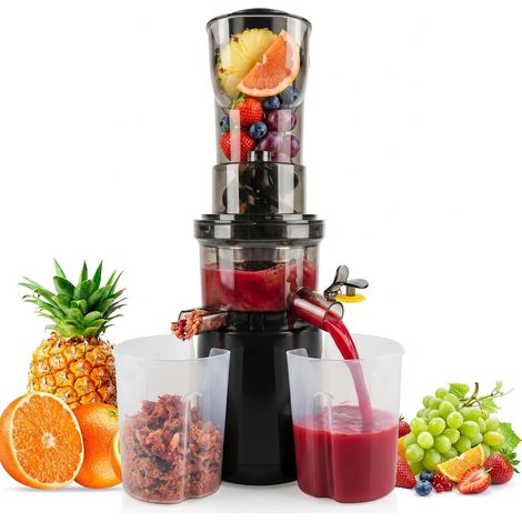 Extracteur de jus 500W, goulotte 170mm et système filtration triple  Presse à froid électrique pour fruits et légumes, sans BPA, silencieux, facile à nettoyer avec 2 récipients inclus (1/5)