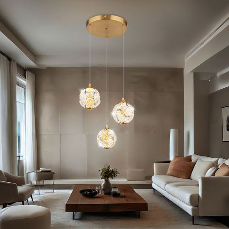 Lampada a sospensione lampada da tavolo da pranzo lampada a sospensione lampada da soggiorno plafoniera, metallo cristalli oro, 3 lampadine LED 24W 2000Lm 3000K bianco caldo, H 150 cm