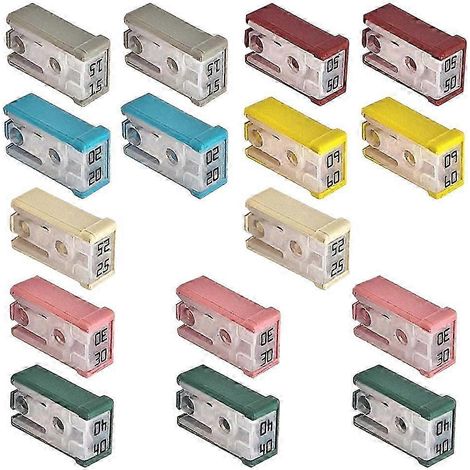 Jeu de 18 mini fusibles automobiles à fente, 15A-60A 32V, jeu de fusibles de forme irrégulière, pack combiné de fusibles automobiles, fusibles de rechange. (1/5)