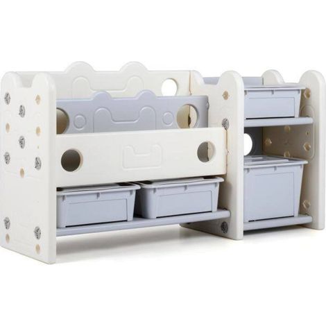 Chambre d'enfant et salle de jeux, bibliothèque enfant avec bacs à jouets, 2 niveaux, design chat blanc (1/5)
