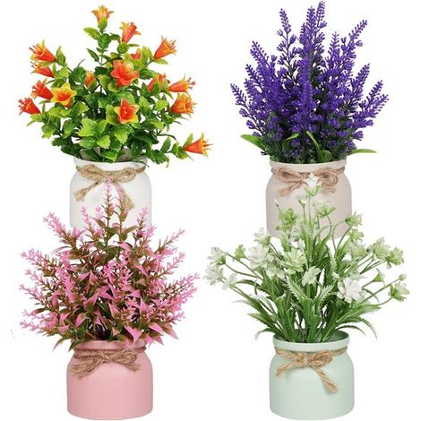 Lot de 4 fleurs artificielles - Fleurs factices - Plante artificielle - Fleurs artificielles avec petit vase - Pots en plastique - Décoration intérieure - Idéal pour mariages, fêtes, jardins, salons, (1/5)