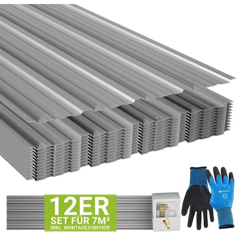 Lamiera trapezoidale per tetto in acciaio  Grigio  Set da 12 pezzi  Set di lamiera profilata comprensivo di guanti e materiale di montaggio (1/2)