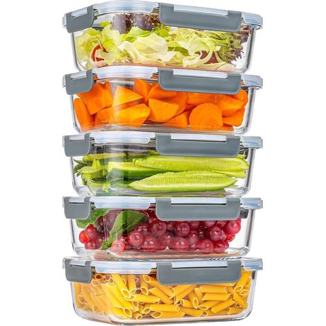 Lot de 5 Boîtes Conservation Verre Borosilicate 1040ml Rectangulaire Micro-ondes Sans BPA Cuisine