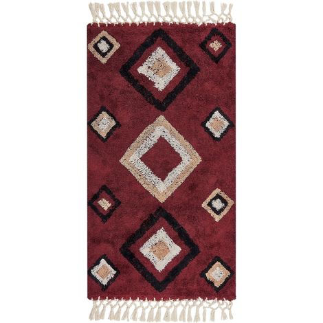 Tappeto in cotone con nappe e motivo a diamante rosso 80 x 150 cm Siirt