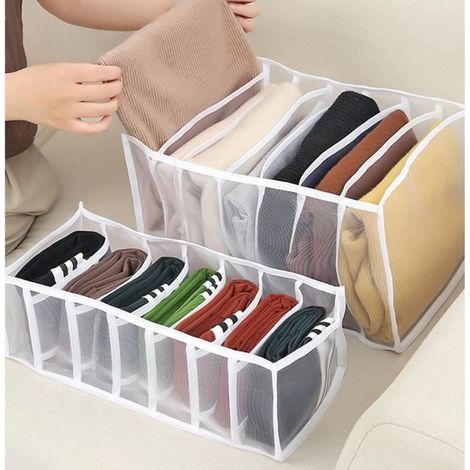 2 boîtes de rangement en maille, 7 compartiments, organisateurs tiroir vêtements, pour jeans et sous-vêtements, placard ou commode (1/4)