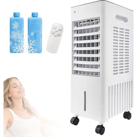 Rafraîchisseur d'air 4-en-1 Mobile sans Tuyau d'évacuation, Réservoir 12L avec 2 Blocs de Glace, Climatiseur Portable, Humidificateur, Purificateur, Télécommande, Minuterie 7.5h (1/5)
