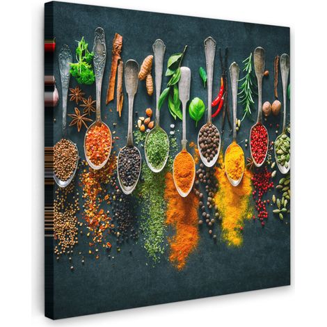 TABLEAU SUR TOILE Herbes - Épices - Cuillères Tableau Chambre Adulte 90x90 cm