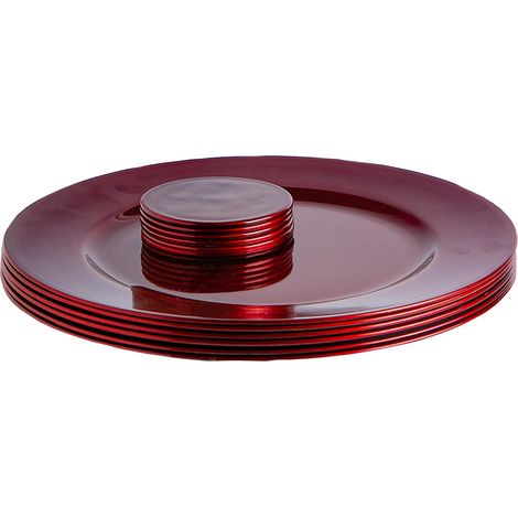 Ensemble 12 pièces assiettes de présentation et sous-verres 33 cm rouge foncé (1/5)