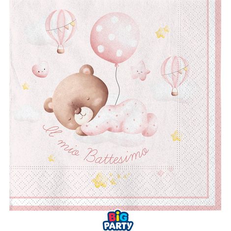 Big Party Tovaglioli Carta Battesimo Bear 25 x 25 Cm Cf 16 Pz Rosa