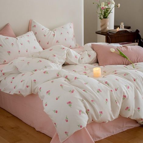 1 Parure De Lit 220x240 Housse De Couette Microfibre Tulipes 2 Taies D'oreiller 65x65 Fermeture Éclair Chambre Adulte