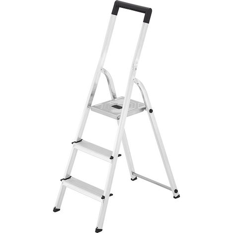 Hailo – Escabeau 3 marches pliable en aluminium ultra léger – Hauteur de travail 2m65 – Garde-corps antichute – Crochet porte-seau