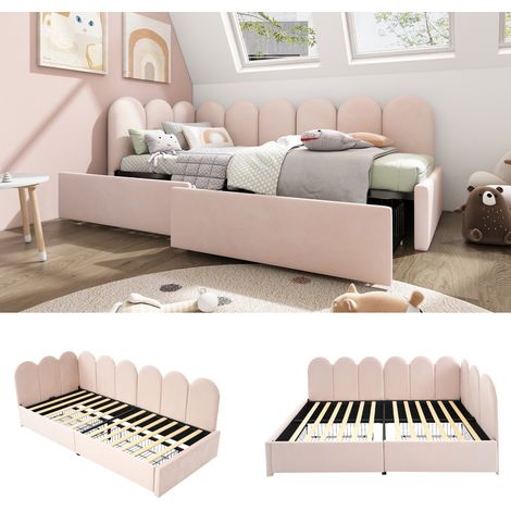 Lit Enfant 90x190 Rose Rembourré Velours - Canapé-Lit avec Tiroirs de Rangement & Sommier Lattes (sans matelas) (1/5)